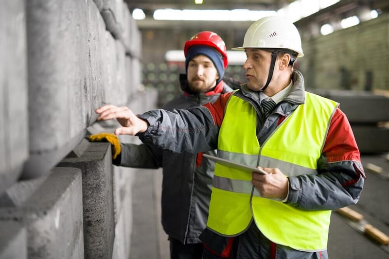 two workers inspecting ready-mix concrete and accessing digital tickets on a tablet, which helps reduce unnecessary calls and issues